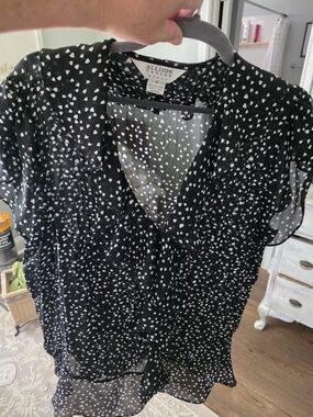 Allison Taylor Black Sheer V-Neck Blouse with White Heart Print